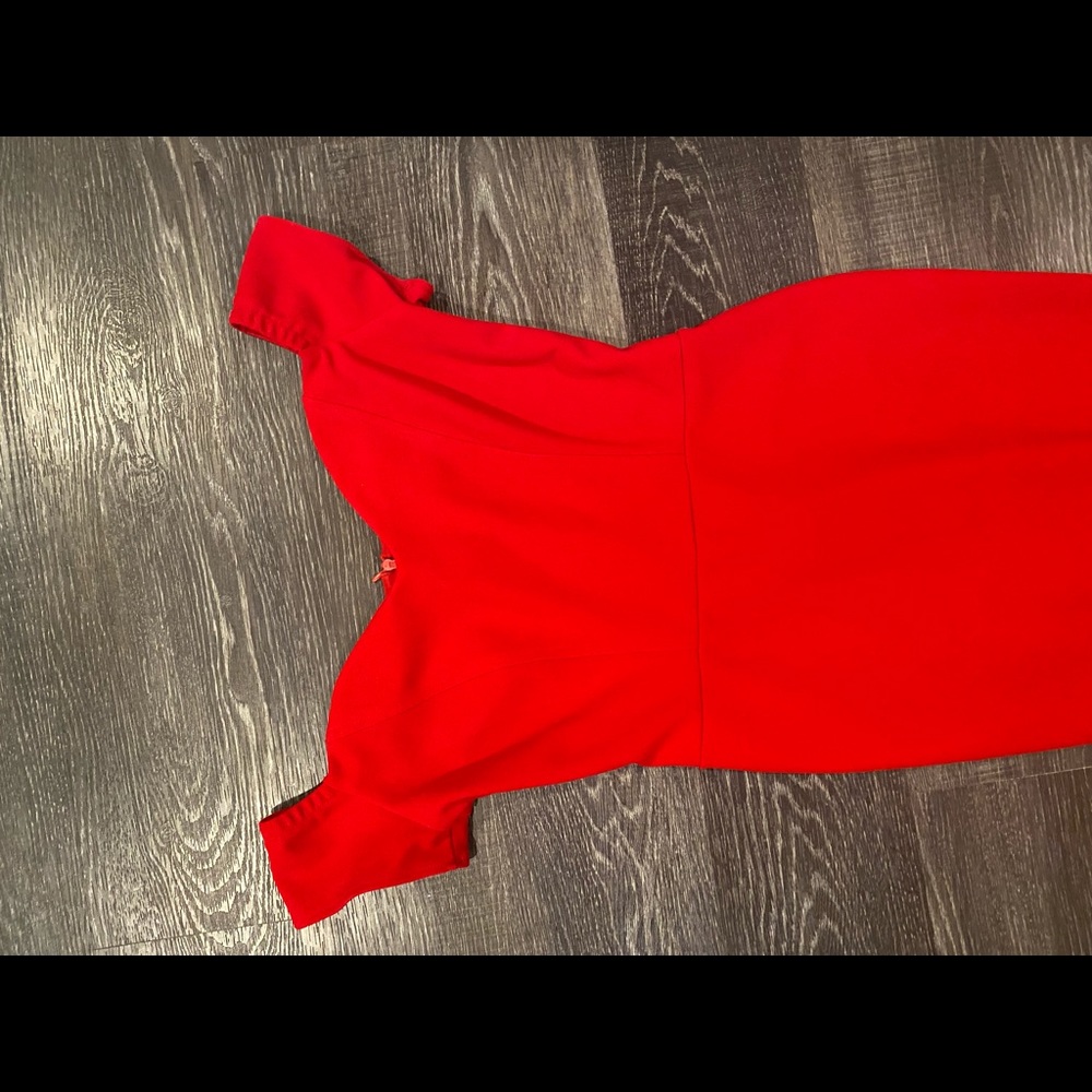 Red, form fitting, sweetheart neckline, off the shoulders, high low hem dress